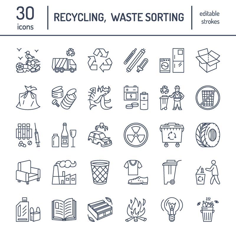 现代矢量线图标垃圾分类-回收-垃圾收集-可回收垃圾-纸玻璃塑料金属-用于海报废物类型手册的可编辑笔画