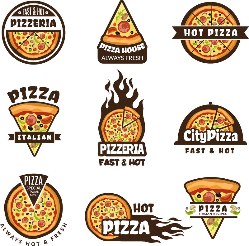 Pizzeria标志-意大利披萨配料餐厅厨师餐厅午餐彩色矢量标签或徽章-餐厅Pizzeria插图的意大利食品标识