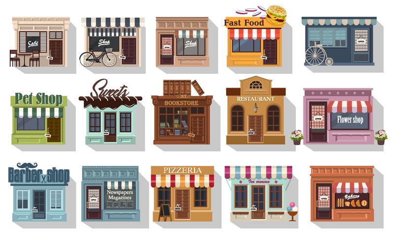 一组漂亮的商店-一组可爱的小商店餐馆或精品店的插图-咖啡馆和小商店-平面风格的大图标