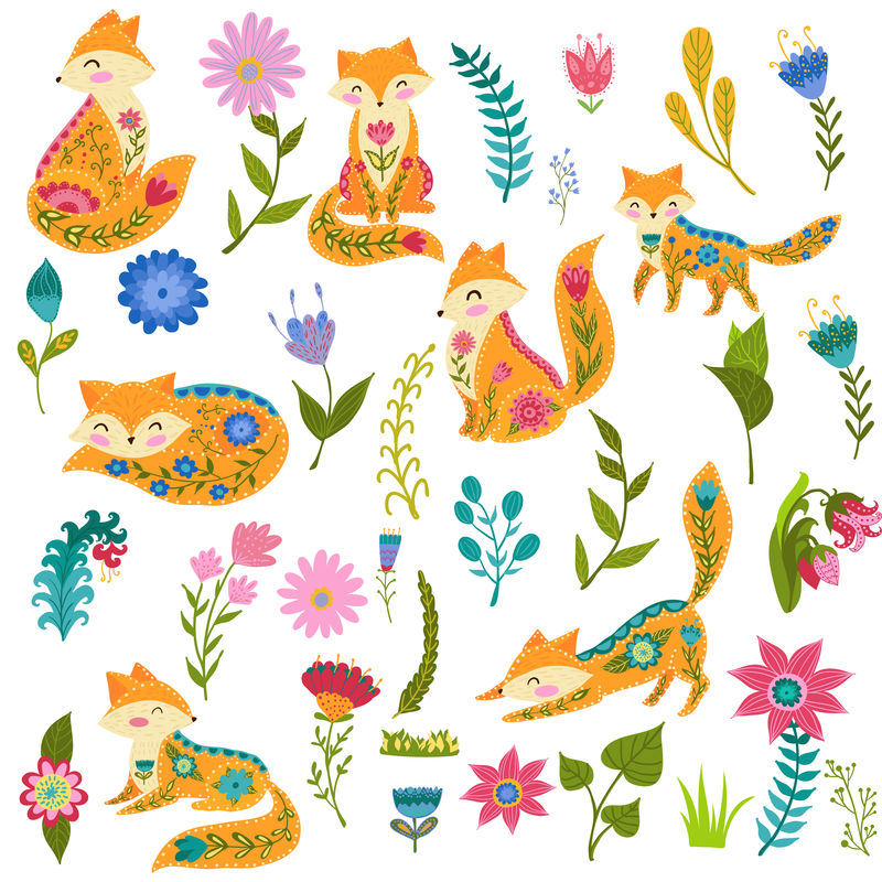 民间布景矢量彩色插图有美丽的狐狸和鲜花斯堪的纳维亚风格