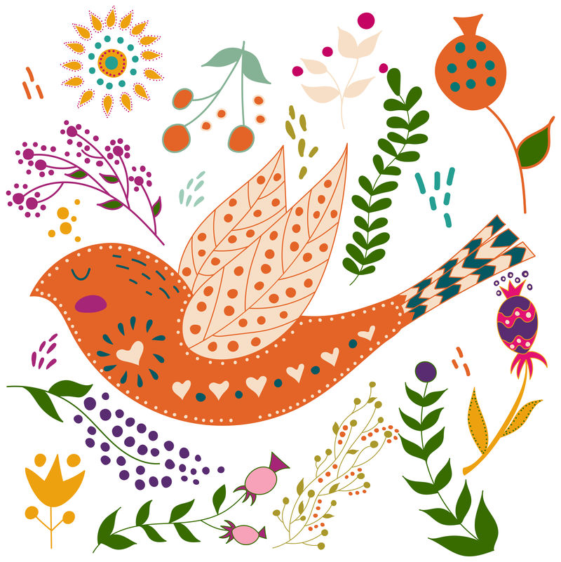 艺术集矢量彩色插图与美丽的花鸟装饰室内的艺术海报用于独特的设计斯堪的纳维亚风格民间艺术