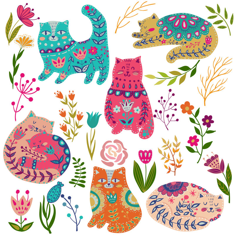 民间布景矢量彩色插画有美丽的猫和花斯堪的纳维亚风格