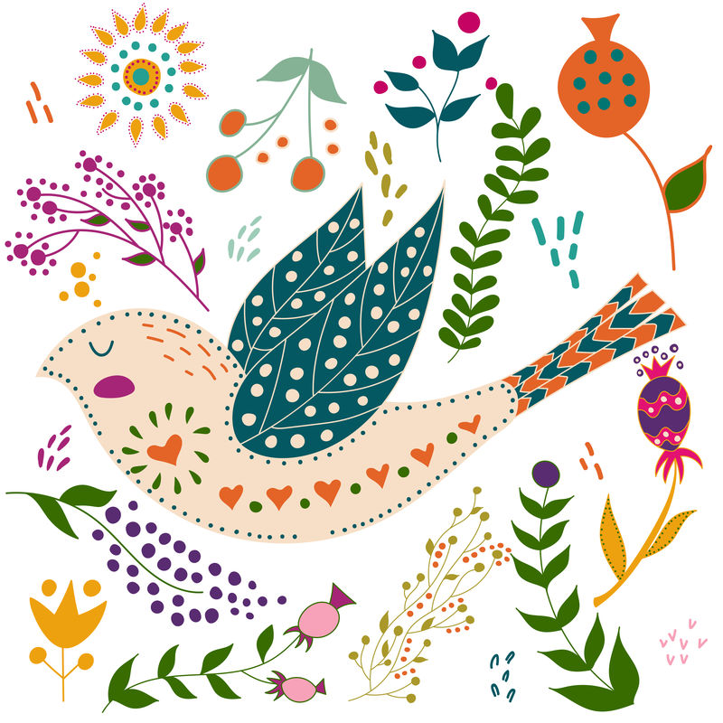 艺术集矢量彩色插图与美丽的花鸟艺术海报装饰您的内部并用于您独特的设计斯堪的纳维亚风格民间艺术