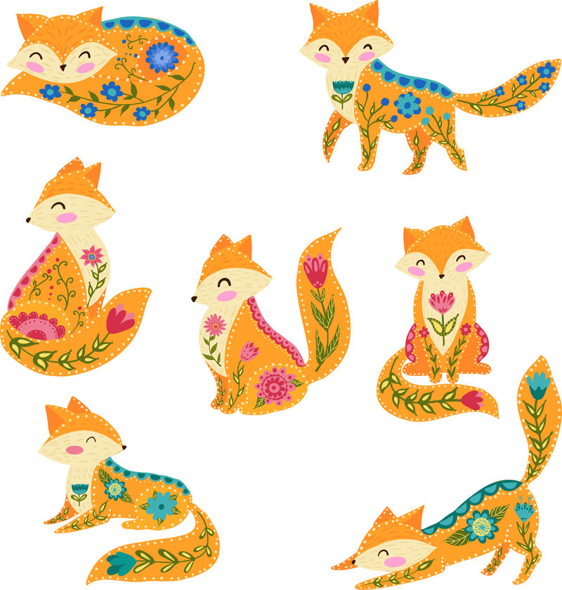 民间矢量彩色插图有美丽的狐狸和花斯堪的纳维亚风格