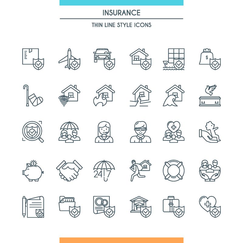 平面设计图标设置在主题保险上-人寿保险房屋保险金钱保险健康保险汽车保险-矢量图解