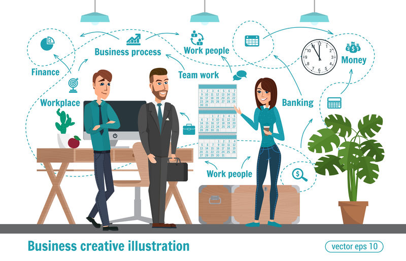 商业创意插图女人和男人商人性格办公室工作人员专业团队合作
