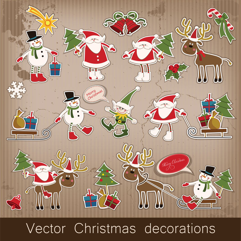 大矢量收集新年和圣诞节的物品和符号：树鹿圣诞老人雪花礼物衣服星星等-可爱的卡通风格