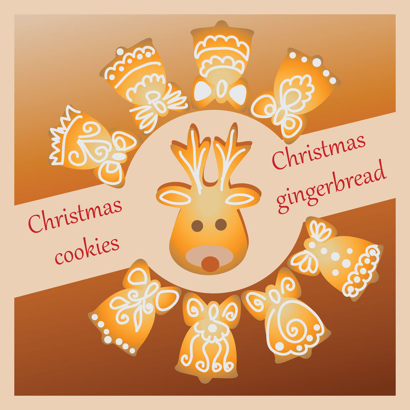 叮当响的铃铛和驯鹿-圣诞姜饼-设计横幅-海报-明信片-传单-包装圣诞饼干