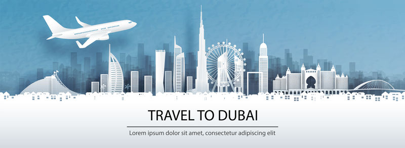 旅游广告与旅游迪拜概念与城市天际线全景和世界著名地标在剪纸式矢量插图