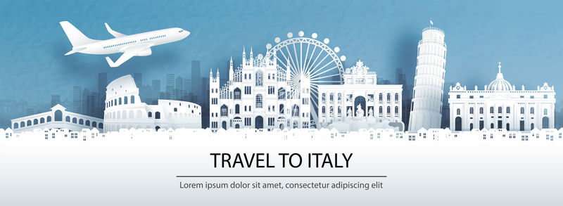 旅游广告与旅游意大利概念与城市天际线全景和世界著名地标在剪纸式矢量插图