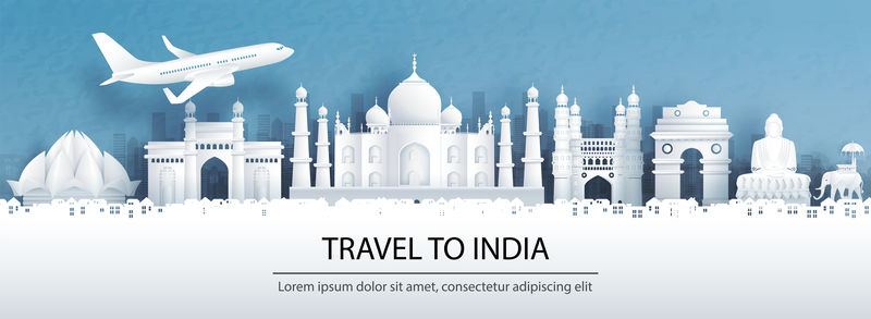 旅游广告与印度旅游概念-阿格拉市全景天际线和世界著名地标剪纸式矢量插图