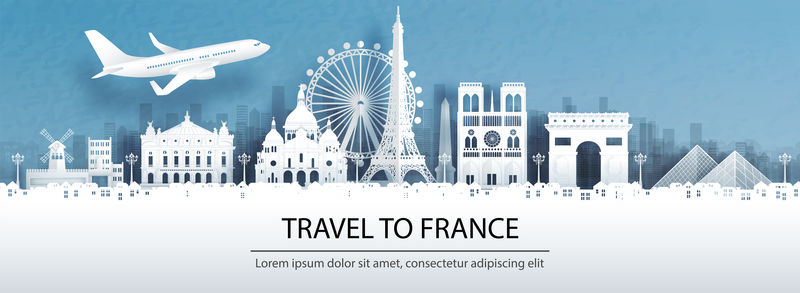 旅游广告与法国旅游概念-以剪纸式矢量图的形式全景巴黎城市天际线和世界著名地标
