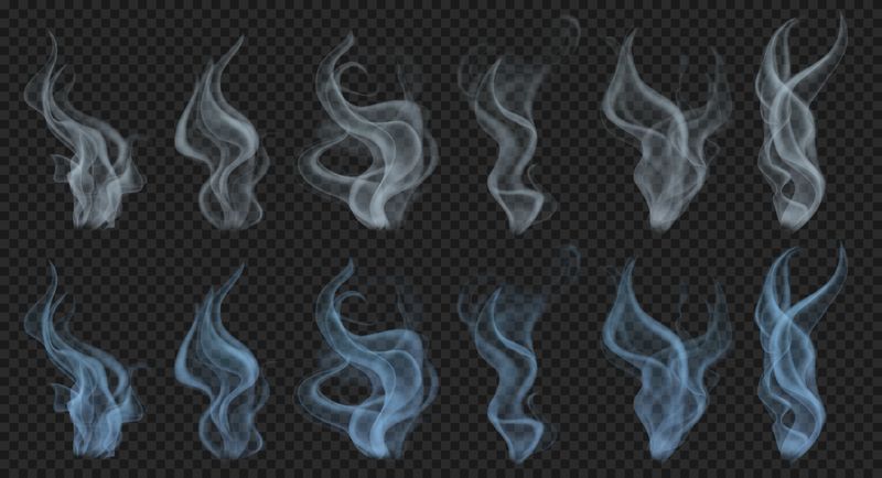 一组逼真的半透明烟或蒸汽-灰色和浅蓝色-隔离在透明背景上-仅矢量格式的透明度