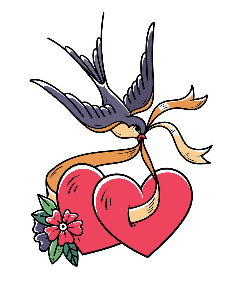 用花和鸟纹身心脏燕子把两颗心挂在丝带上插图情人节贴纸