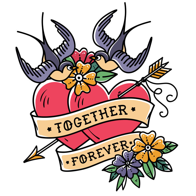 纹身艺术两颗心被箭刺穿用花和燕子纹身心脏永远在一起