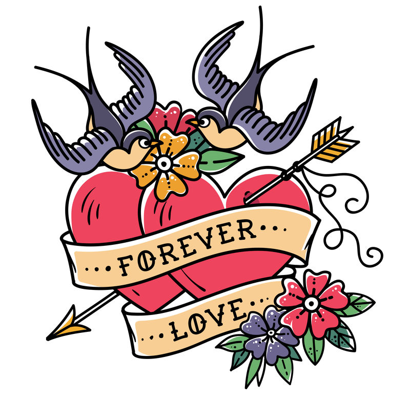 纹身艺术刺青两颗被箭刺穿的心心有花丝带和燕子永远的爱情人节