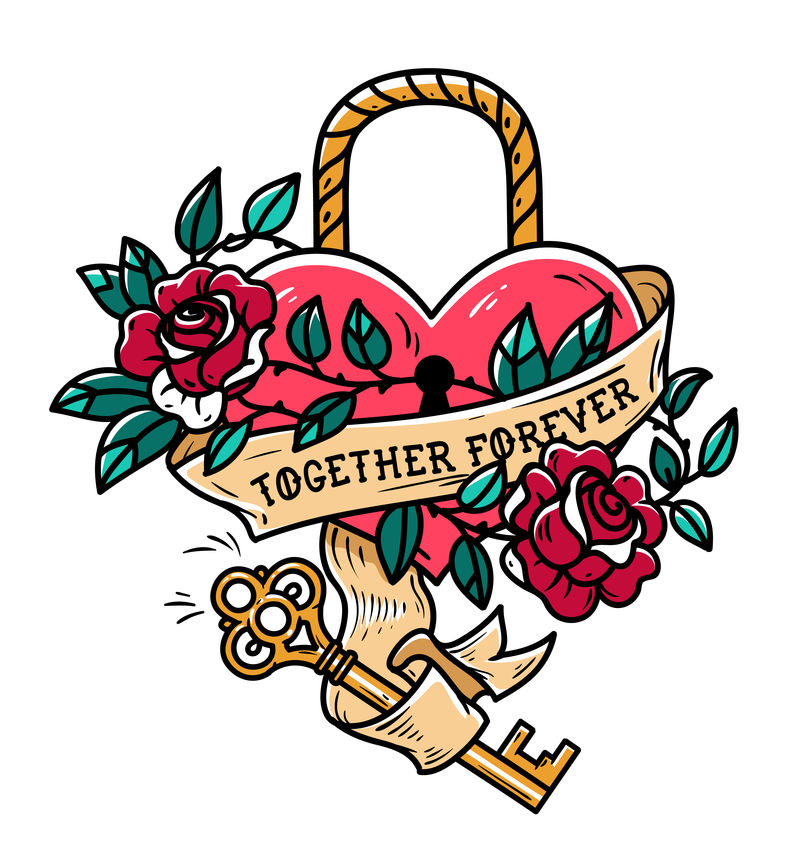 心形锁在锁和钥匙下面纹身心脏永远在一起心缠绕在攀缘的玫瑰纹身上老派