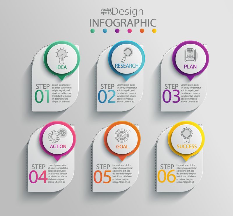 纸信息图表模板-有6个选项用于表示和数据可视化-业务流程图-成功的六个步骤的图表-内容流程图工作流-矢量图