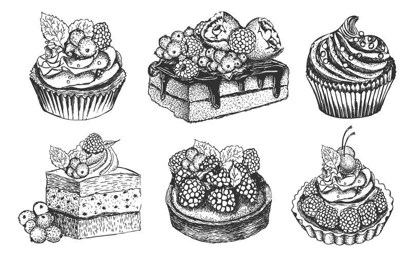黑白甜点系列-纸杯蛋糕-巧克力和香草蛋糕-芝士蛋糕-杏仁饼-素描矢量图孤立的背景-手绘甜品