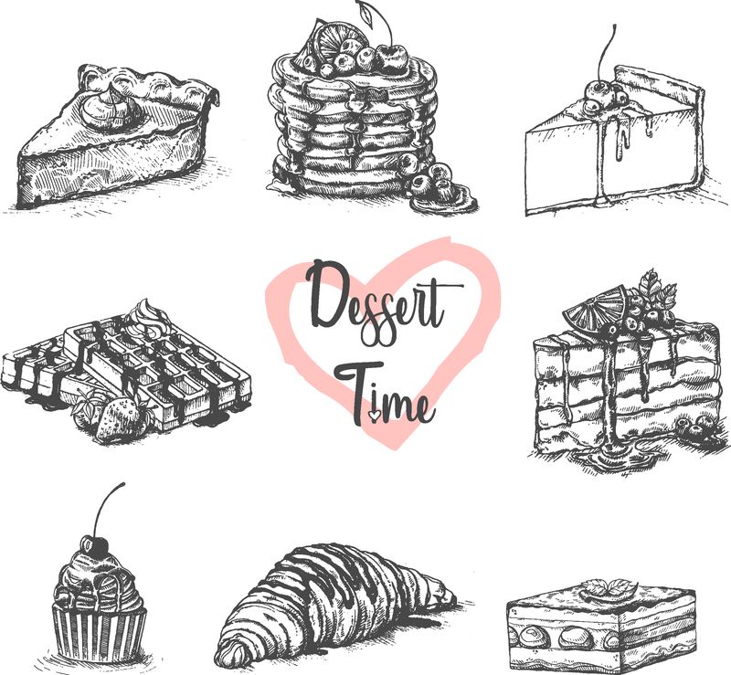甜点草图集-手绘矢量图-商店咖啡海报餐厅菜单食物-薄煎饼-芝士蛋糕-华夫饼-杯蛋糕-牛角面包-一小片蛋糕