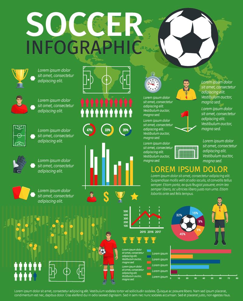 足球或足球运动游戏信息图表-世界地图和球员队伍的矢量设计元素-比赛目标得分统计和图表-冠军杯冠军图表和足球规则