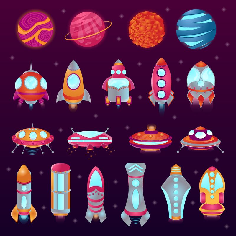 宇宙背景上的一组空间彩色卡通图标-行星-火箭-不明飞行物-飞碟-矢量图