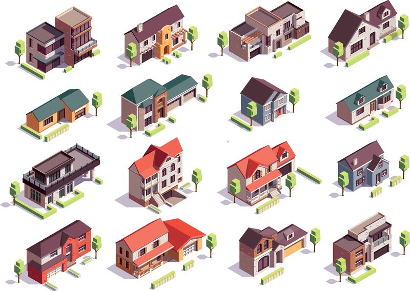 郊区建筑等距构成-16幅现代住宅的孤立图像-带车库和树木矢量图