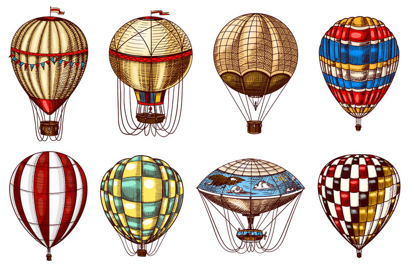 老式热气球-可爱的飞行复古交通工具为暑假-雕刻手绘草图