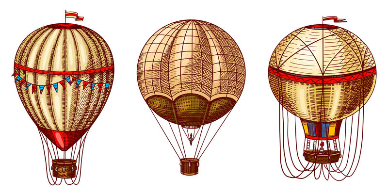 热气球-矢量复古飞艇与装饰元素-浪漫标志的模板运输-手工雕刻的复古草图