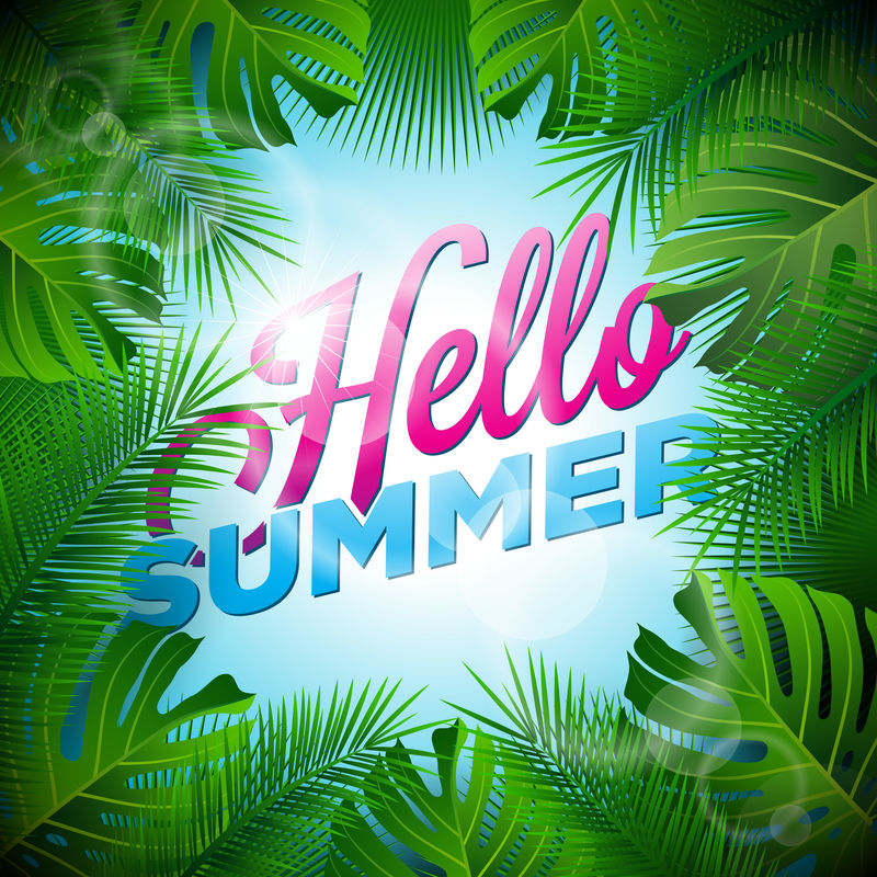 矢量你好暑假印刷插图热带植物和阳光淡蓝色背景