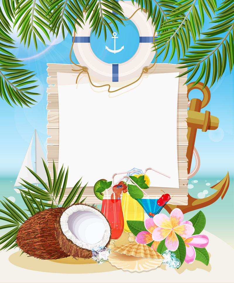 暑假插图-热带海滩酒吧-在阳光明媚的日子里-可以看到沙滩和棕榈叶