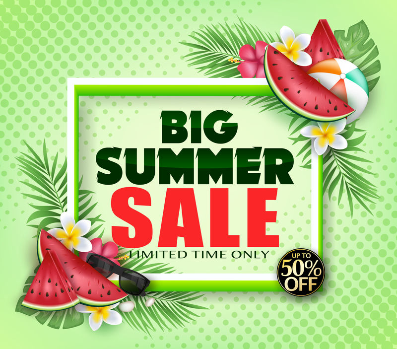 夏季大减价限时广告海报-绿色背景-半色调图案-有西瓜沙滩球鲜花和热带树叶-用于促销-矢量图解