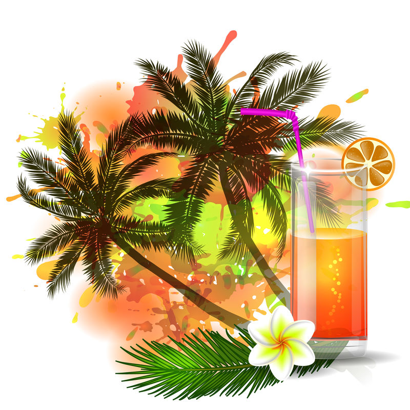 棕榈树和果汁的夏季背景