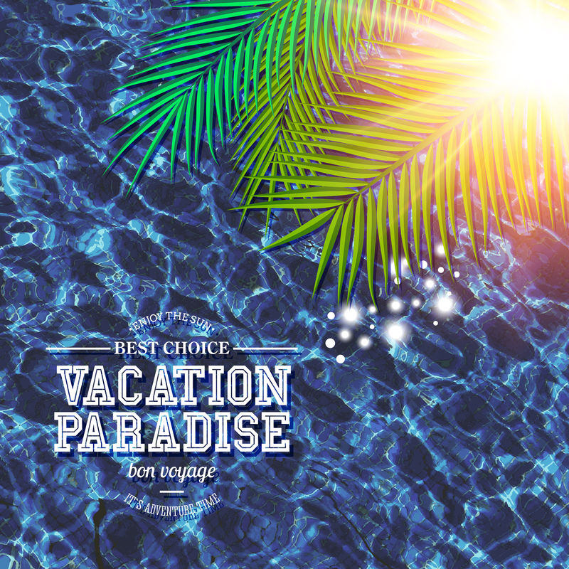 热带度假天堂-本航游-最佳选择-营销海报或促销活动-白色文字覆盖波光粼的蓝色海水-棕榈叶和灿烂的夏日阳光