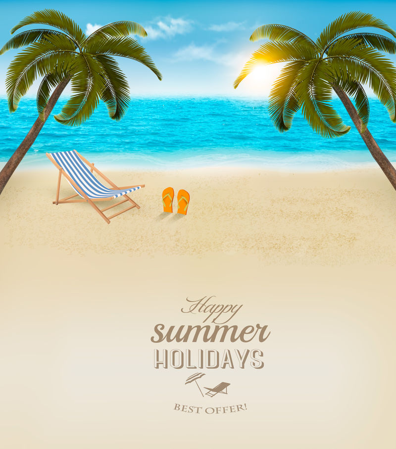 假期背景海滩上有棕榈树和蓝色的大海矢量