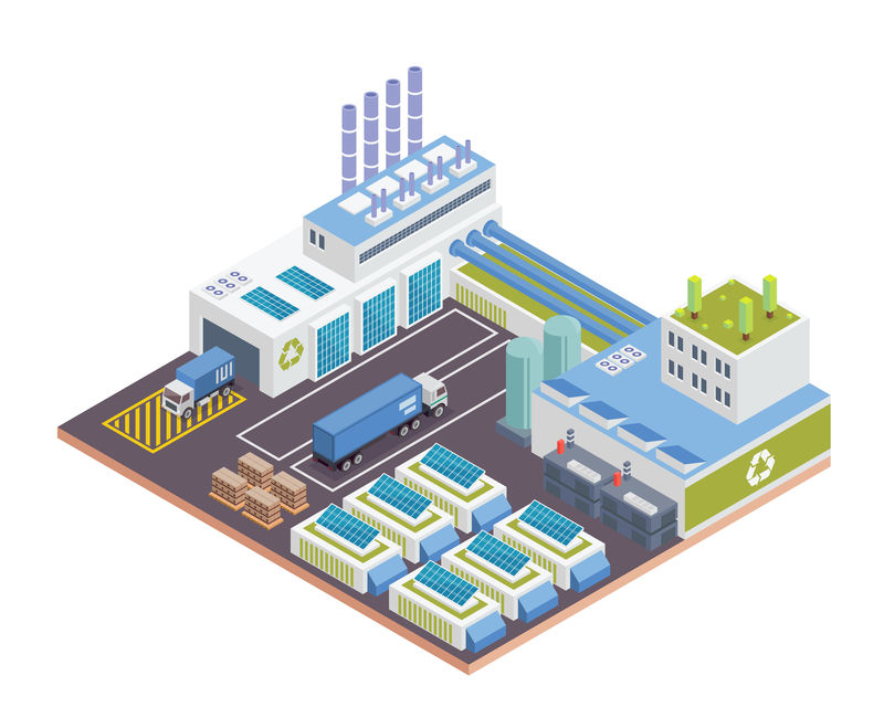 现代等距绿色回收厂房-采用太阳能电池板能源-适用于图表信息图表插图和其他图形相关资产