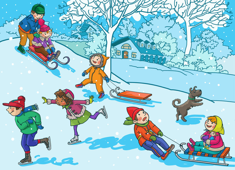 孩子们在玩雪-圣诞节-冬季活动-雪冬背景上的孤立物体-非常适合学校书籍等-矢量