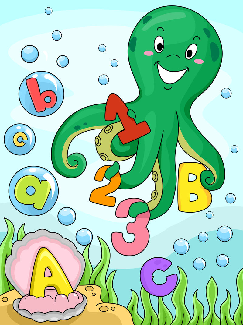 章鱼收集字母和数字的图解