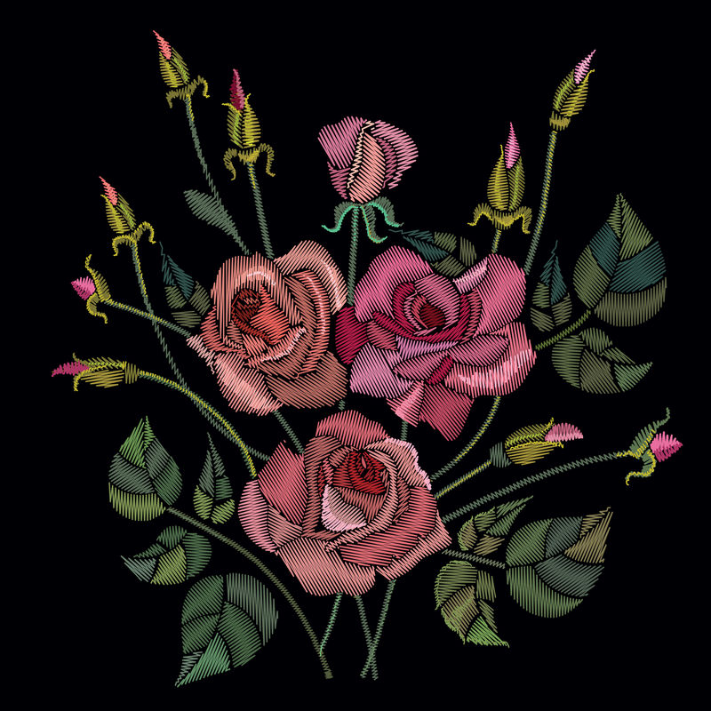 经典风格刺绣美丽玫瑰花图案矢量