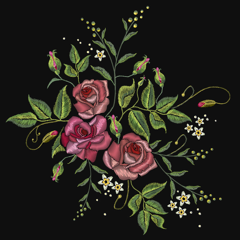 黑色背景下的玫瑰刺绣古典刺绣