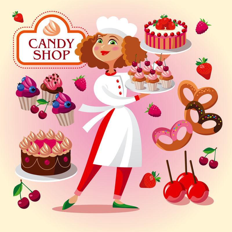 向量集-糕点店的糕点厨师-蛋糕和松饼的矢量集-卡通风格的插图