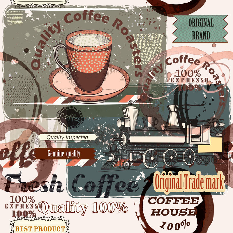 复古风格的咖啡图案带复古标签和装饰点