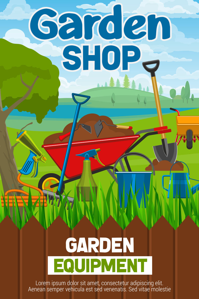 草坪上带农具的花园商店海报