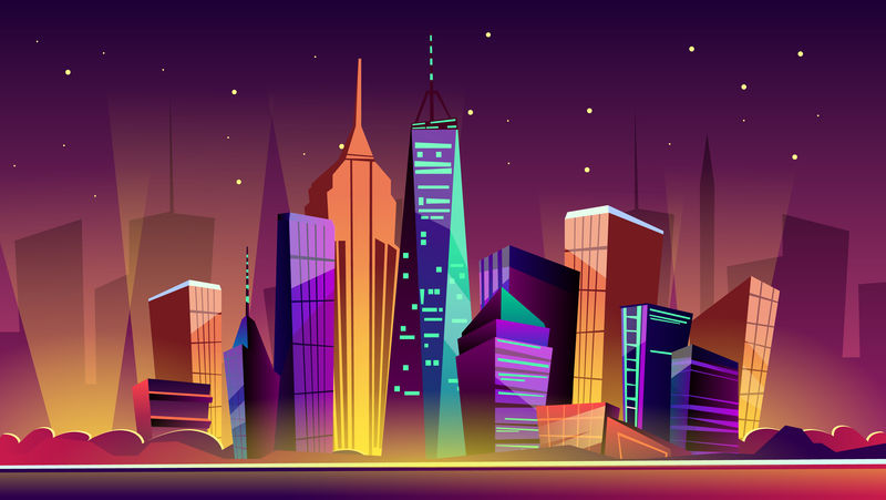 纽约夜景矢量卡通插图