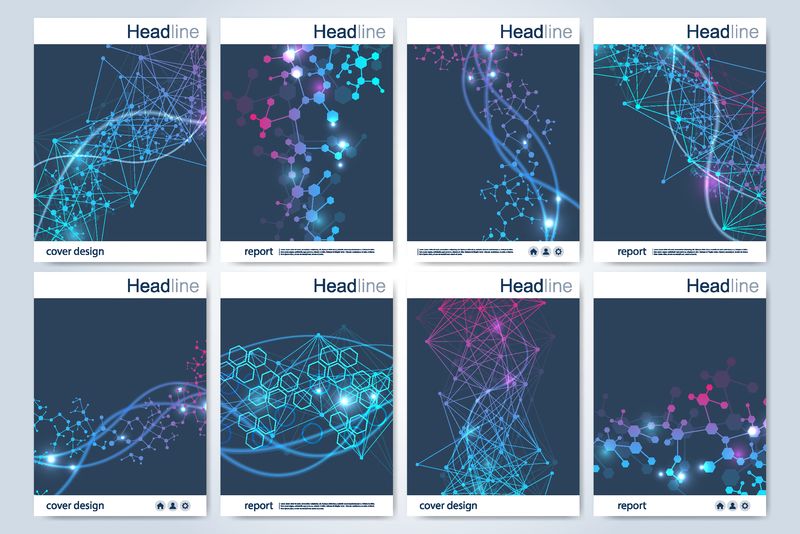 科学手册设计模板-矢量飞片布局-分子结构的连接线和点-科学模式原子DNA与杂志传单封面海报设计元素
