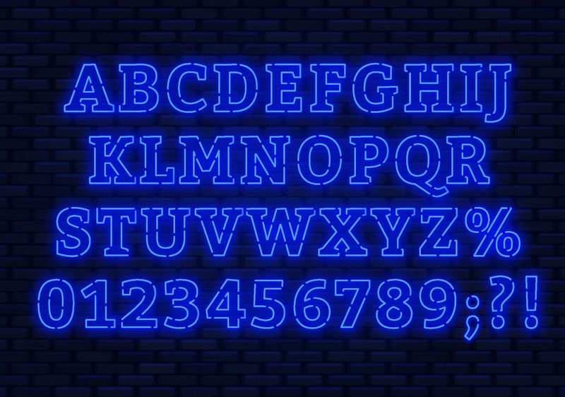 霓虹蓝字体-明亮的大写字母-深色背景上有数字