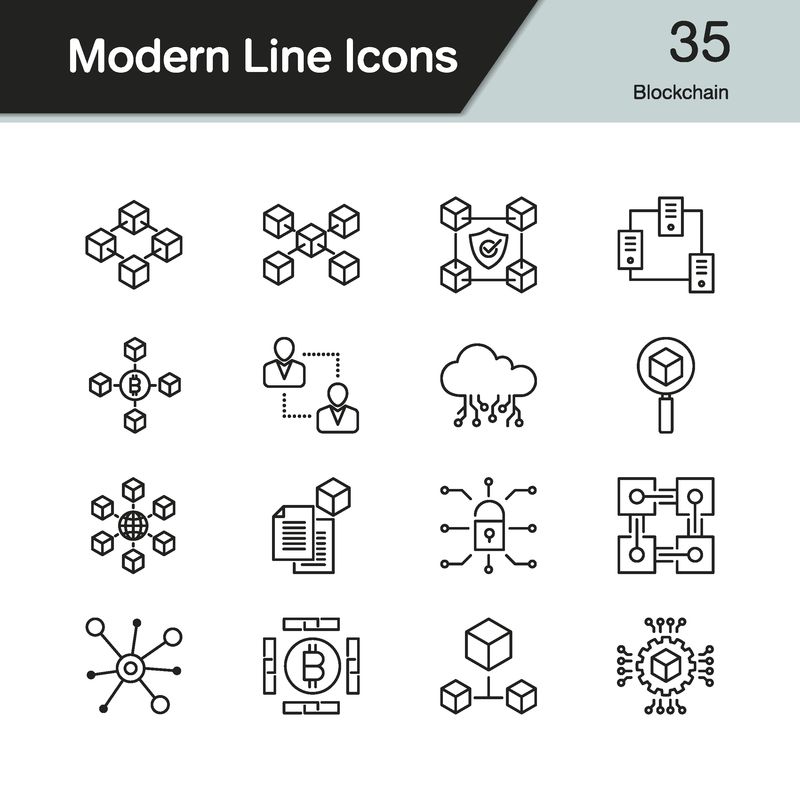 区块链图标-现代线条设计套装35-用于演示图形设计移动应用程序Web设计信息图形-矢量图