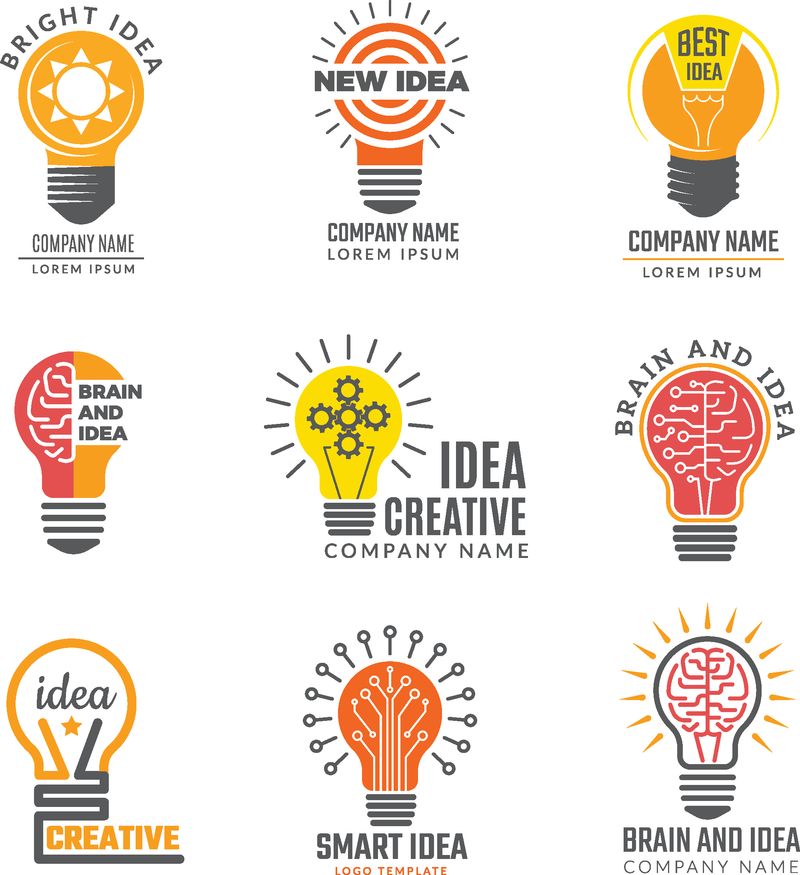 创意灯泡标识-彩色创意灯形智能符号强大的矢量标识-灯泡创意标识智能大脑徽章插图