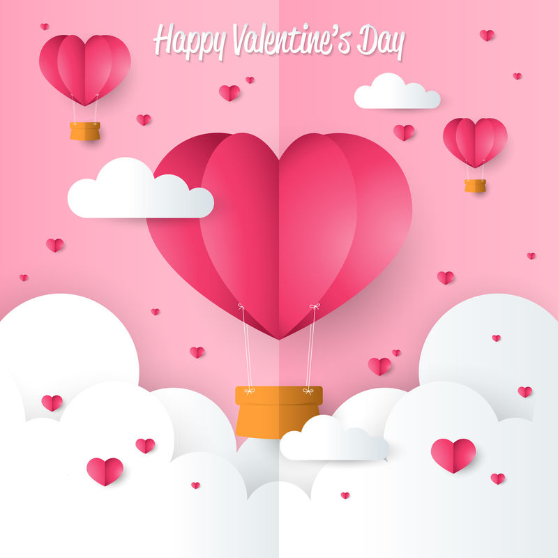 情人节的背景是剪纸的心形热气球-天空中的小心形云-爱情和情人节的概念-纸艺术风格