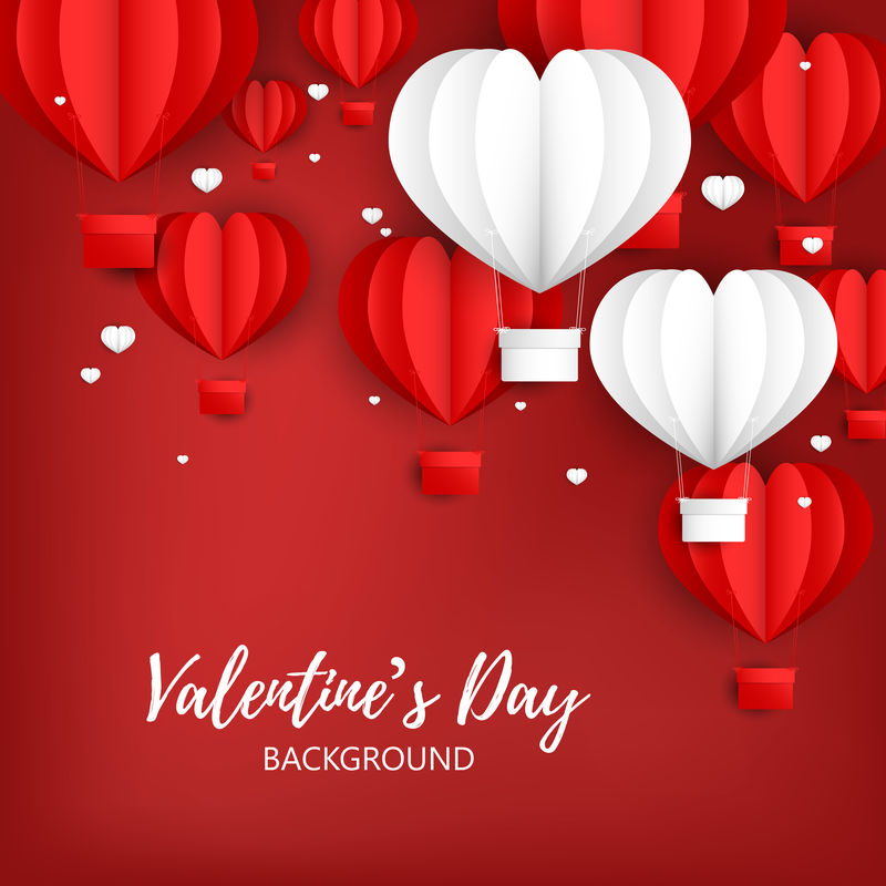 情人节的背景是用红白相间的心形热气球剪纸-爱情和情人节的概念-纸艺术风格